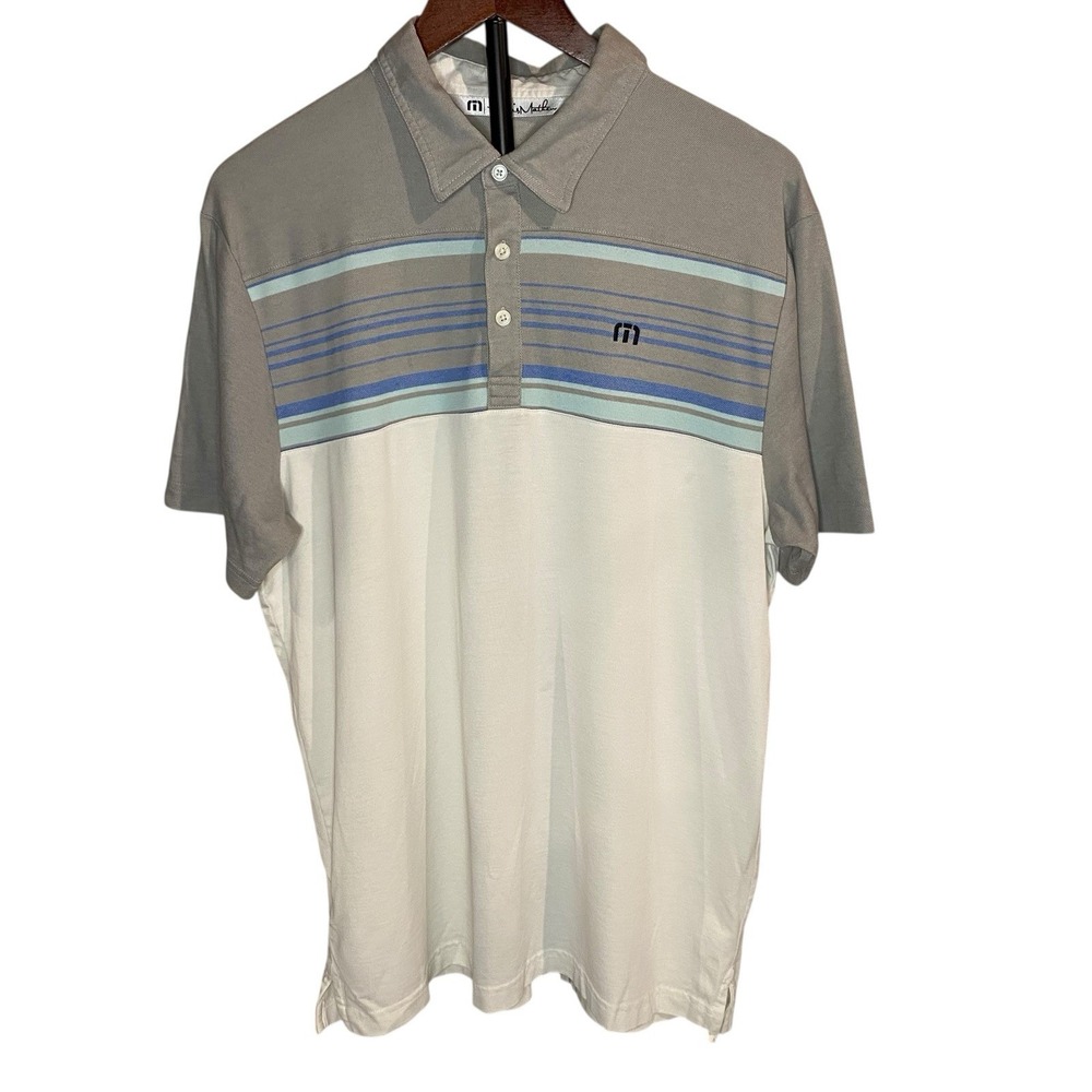 Travis Mathew Leeway Stripe Pima Cotton Jersey Golf Polo White Gray Mens L Flaw